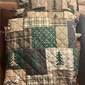 Plaid Patchwork Quilt Set - Green and Brown